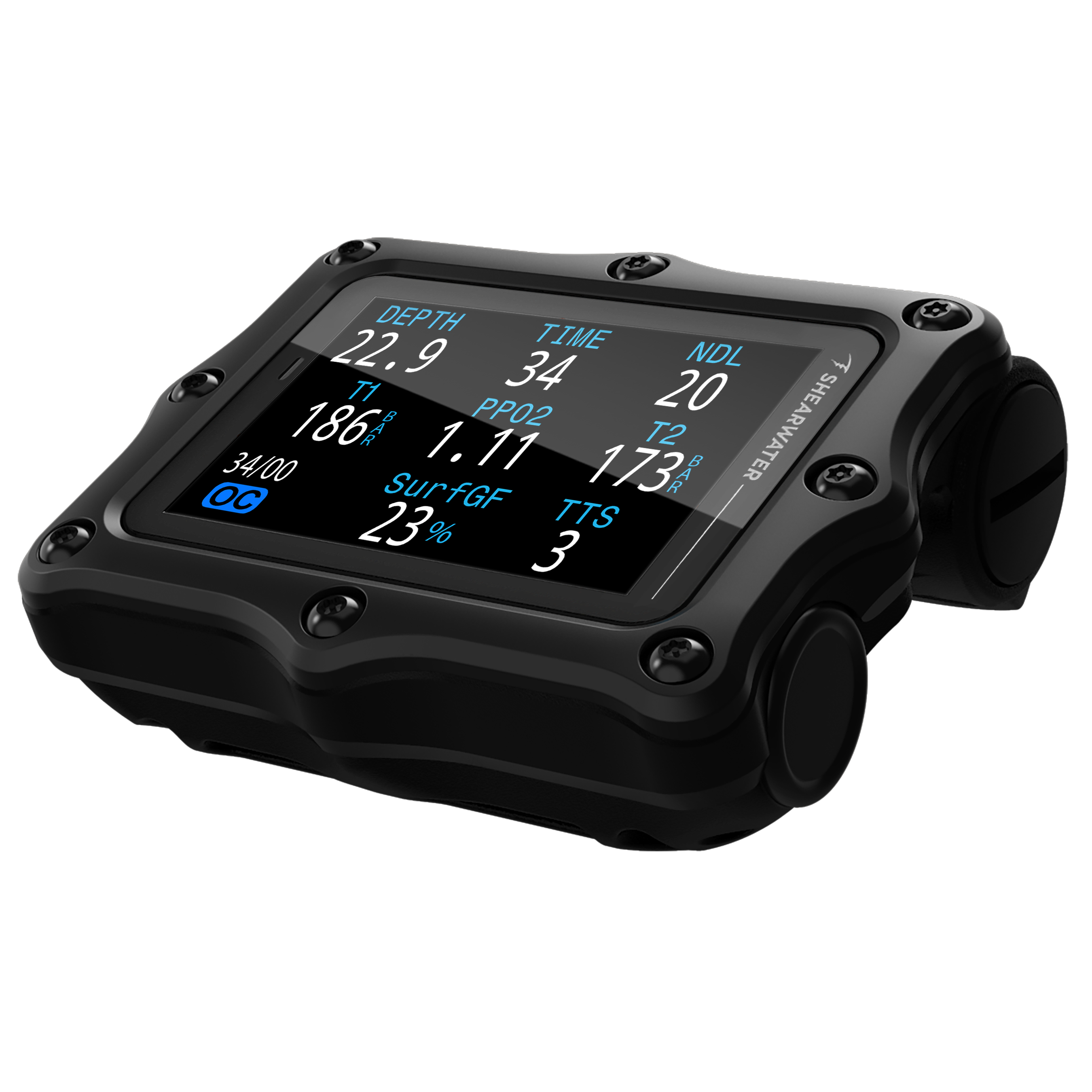 Black Perdix 3 dive computer left angle render showing tec mode display