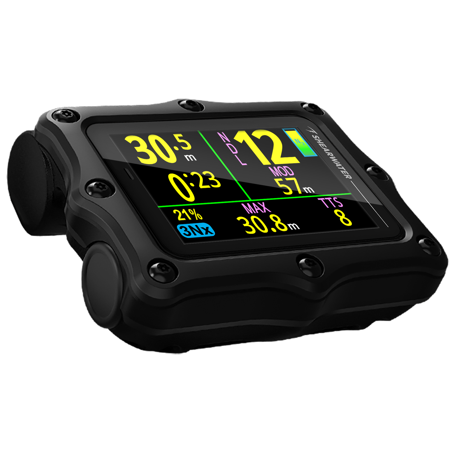Black Perdix 3 dive computer angled render showing big mode and custom colors