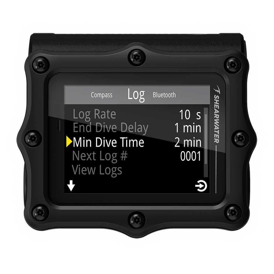 Shearwater Perdix 3 black dive computer showing menu navigation and log settings