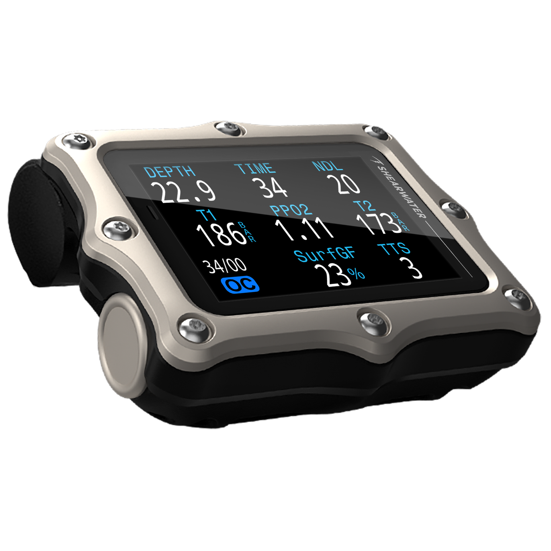 Silver Perdix 3 dive computer right angle render showing tec mode display