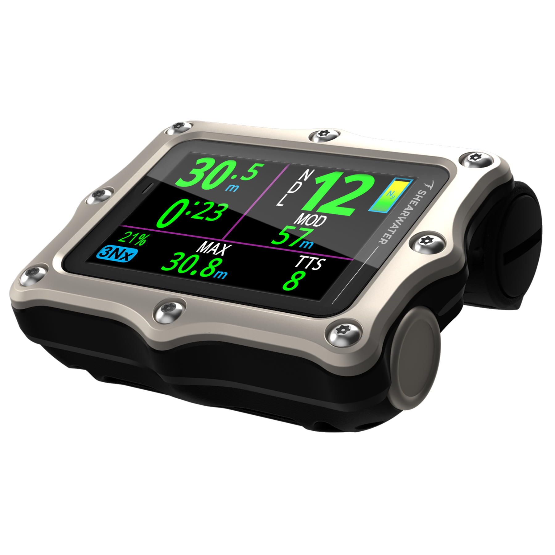 Silver Perdix 3 dive computer left angle render showing green display and big mode