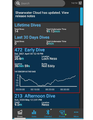 To upload a dive to the Avelo website manually, select the dive to upload.