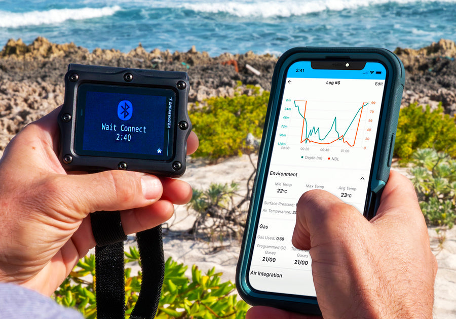 Shearwater Perdix 3 syncing dive log data to a phone with Bluetooth after a dive