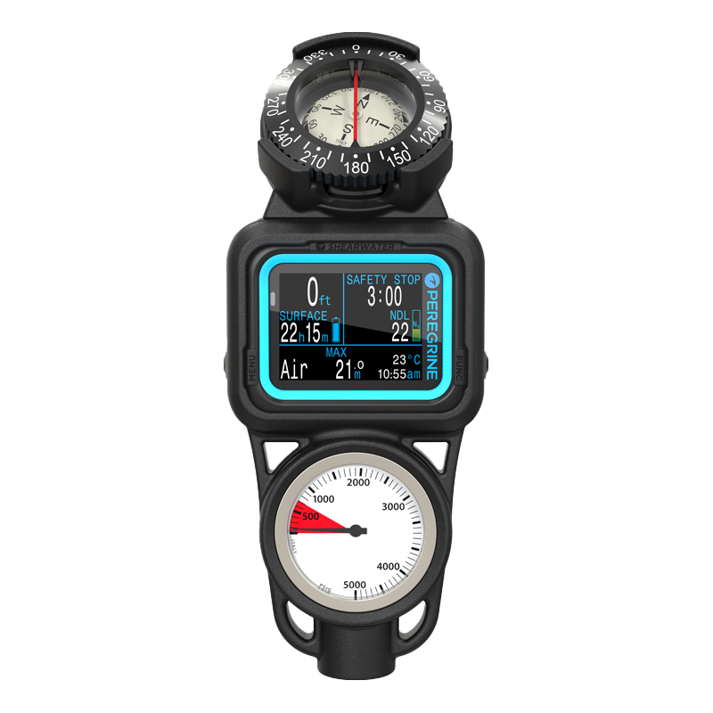 A Console unit containing a Shearwater Peregrine dive computer with a digital screen, analog pressure gauge, and a compass.