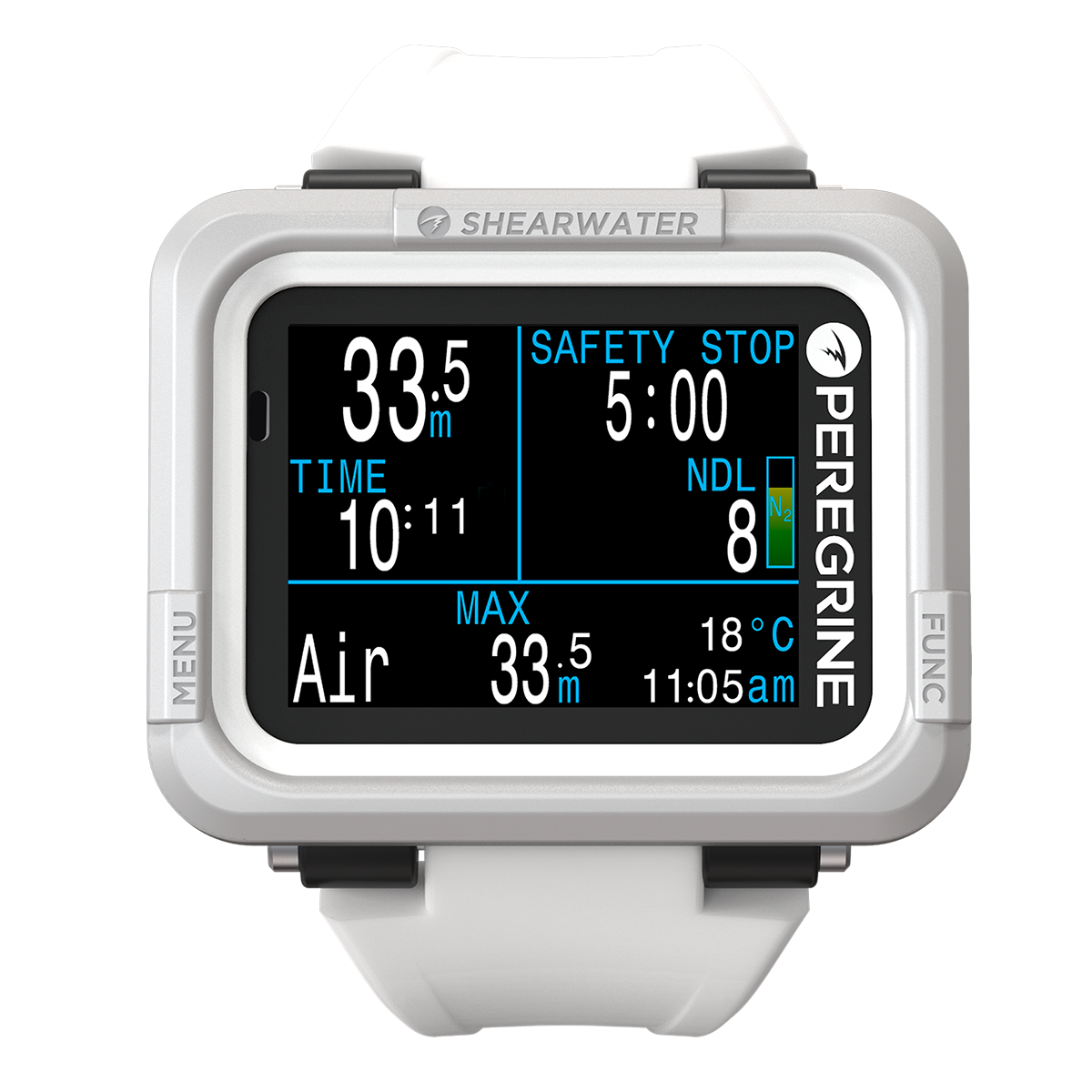 Shearwater Peregrine dive computer in white, showing a dive screen