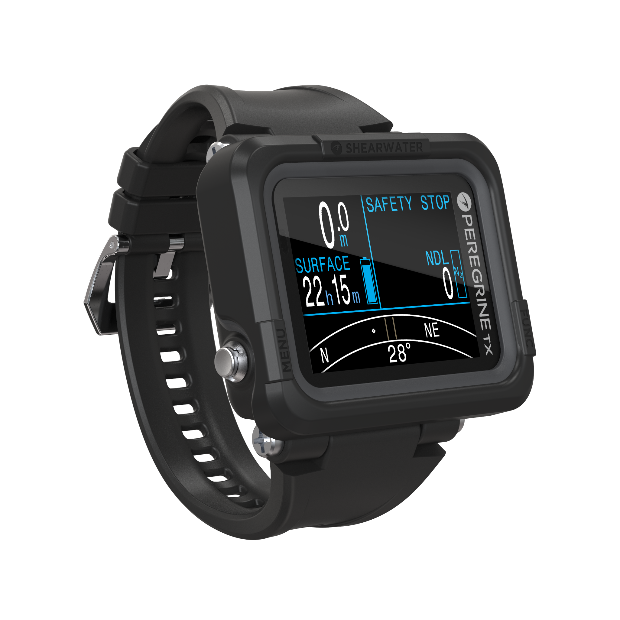 Black Shearwater Peregrine TX dive computer right side render showing digital compass