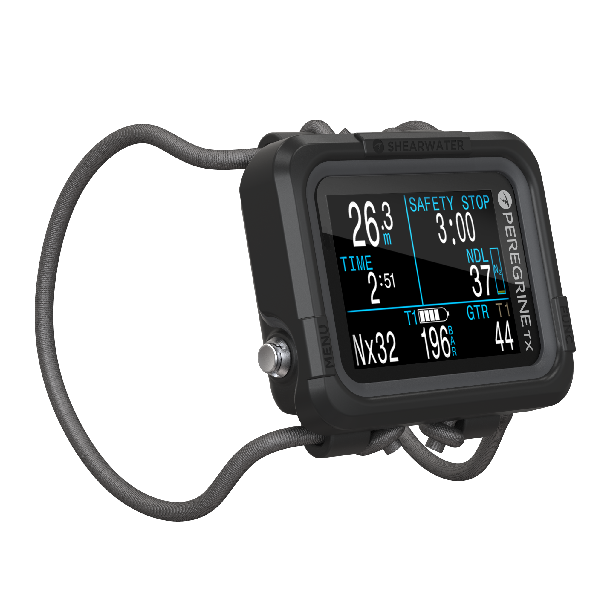 Black Shearwater Peregrine TX dive computer with bungee cord straps side render