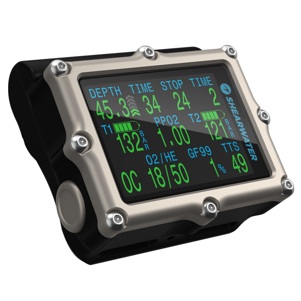 Shearwater Petrel 3 dive computer in tec mode side render