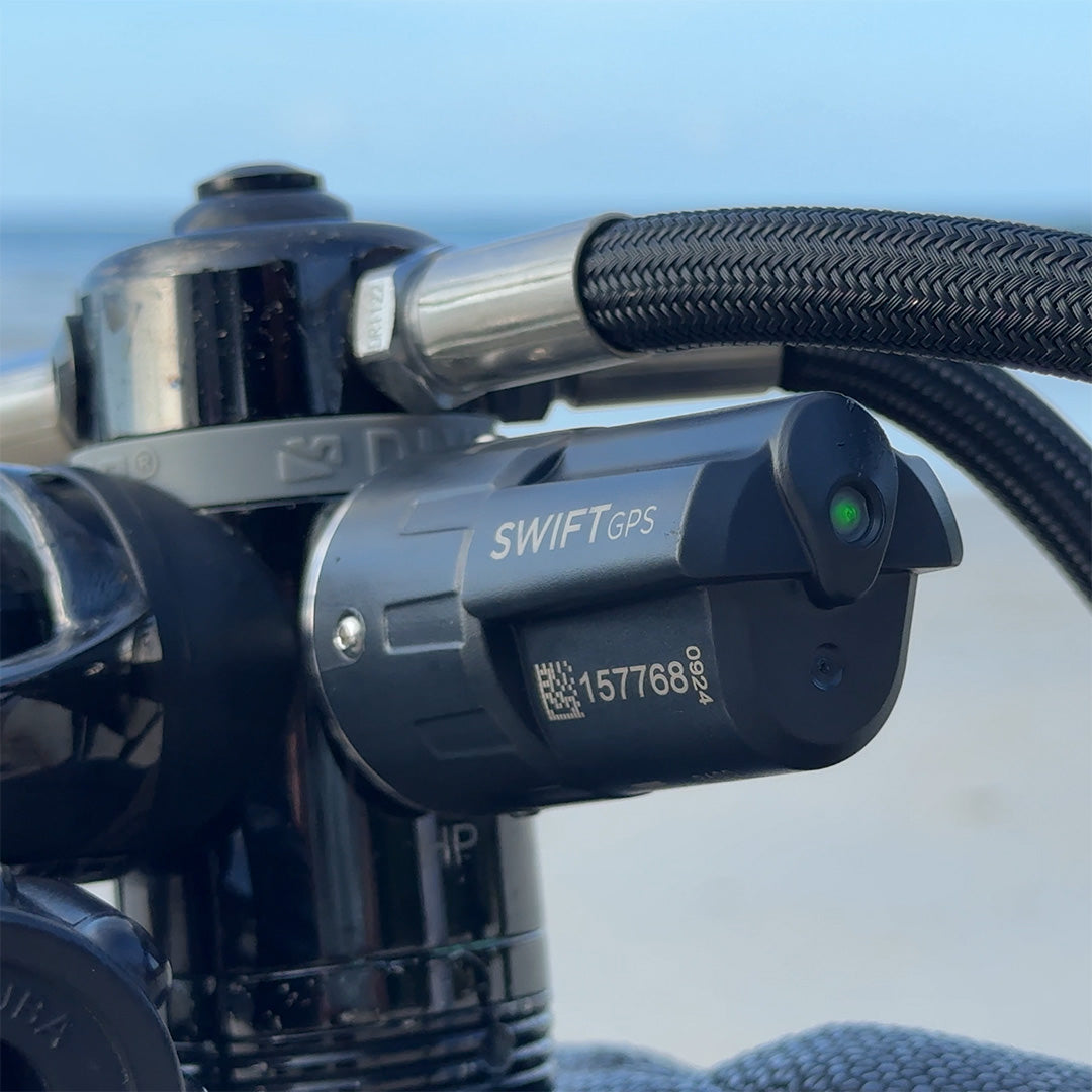 Swift GPS transmitter on tank regulator closeup