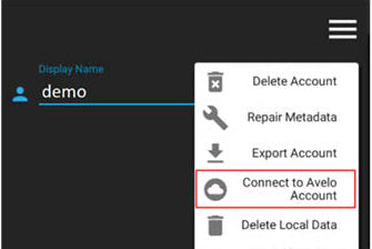Click on the menu button (three horizontal bars) at the top right of the menu then select “Connect to Avelo Account”. 