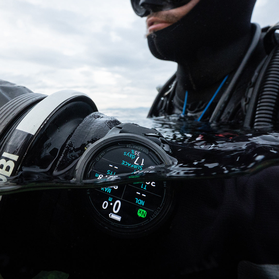 Tern TX Limited Edition Blue underwater closeup on diver in drysuit