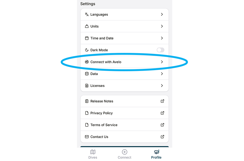 Go to the "Profile" tab, and select "Connect with Avelo".