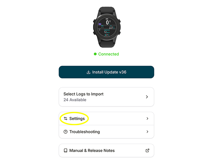 Connect your dive computer to the Dive Shearwater app. Once connected, select "Settings".